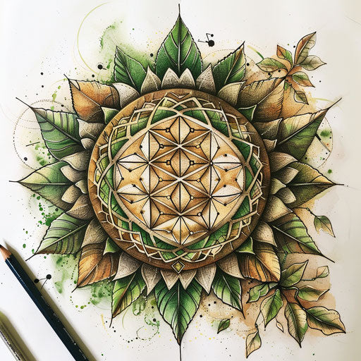 Organic tattoo sketch of the Flower of Life, green and earth tones, leaf motifs
