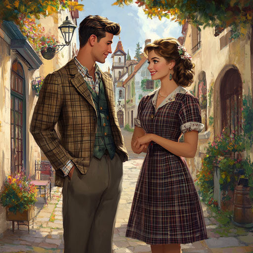 Tall man in tweed jacket and woman in vintage plaid dress