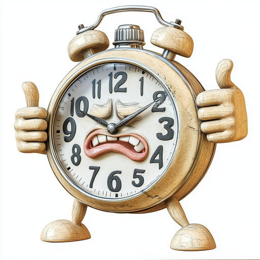 Humorous caricature of a stopwatch with human characteristics