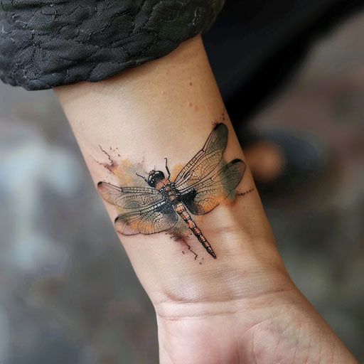 Realism tattoos of a dragonfly, Peter Jackson style, wrist