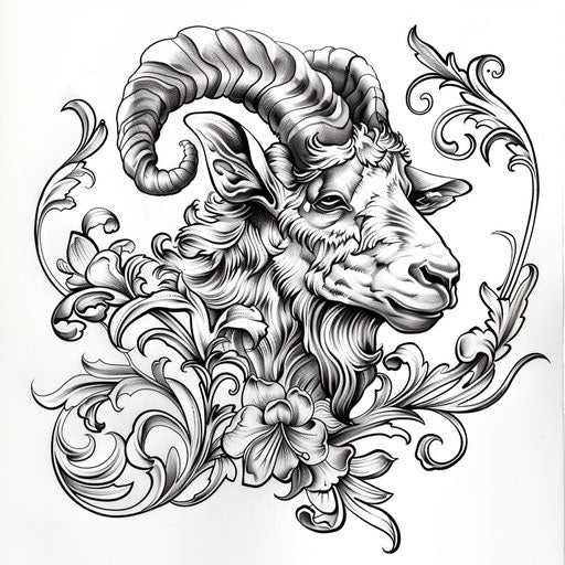 Art Nouveau goat tattoo design on white background
