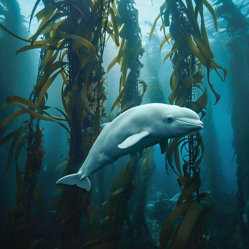 Beluga whale gliding in a kelp forest
