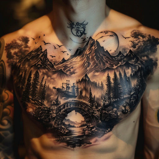 Men's chest tattoo depicting a surreal fantasy landscape, in the style of David Palumbo
