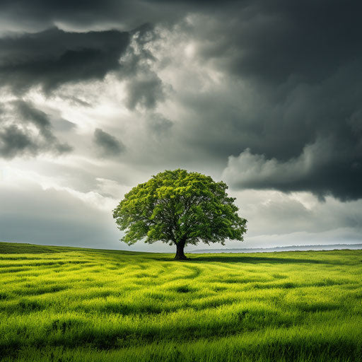 Green field with tree under zen buddhism influence