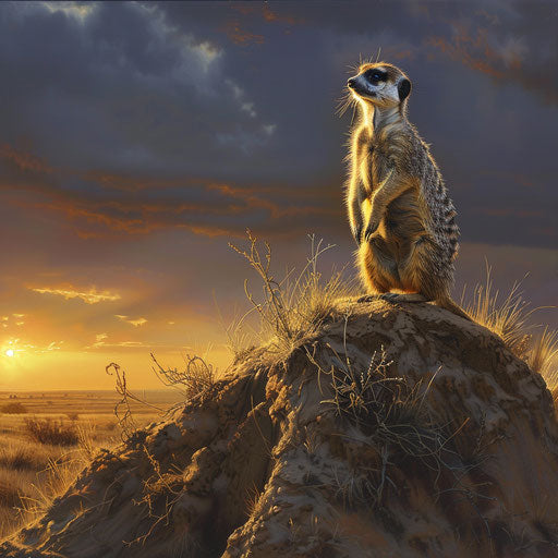 Meerkat on mound, scanning horizon, early morning light