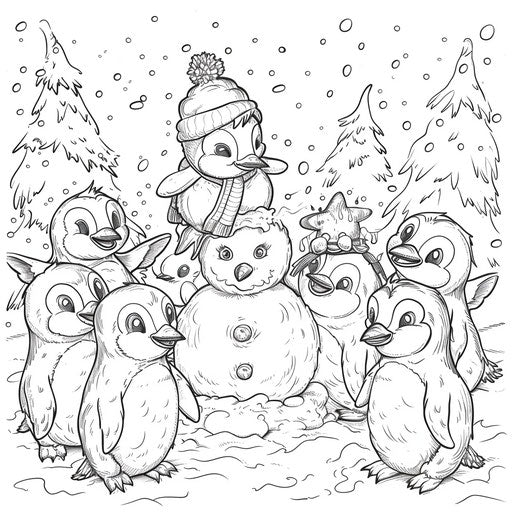 Penguins building a snowman together