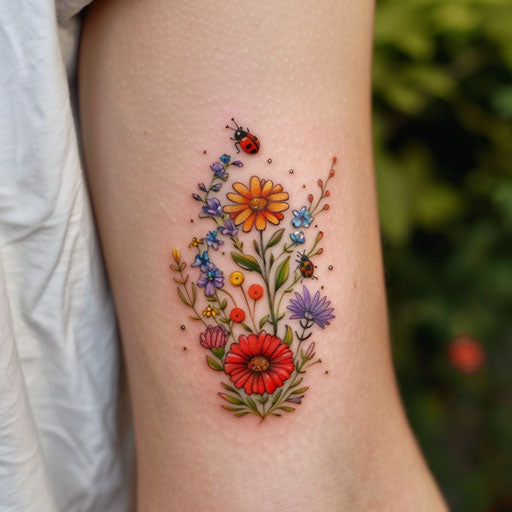 Wildflower tattoo with ladybug and vibrant flowers