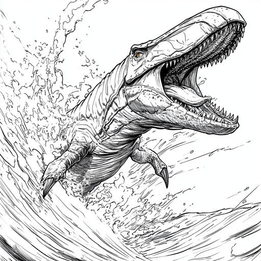 Mosasaurus in dynamic action pose, Mike Zeck style, coloring