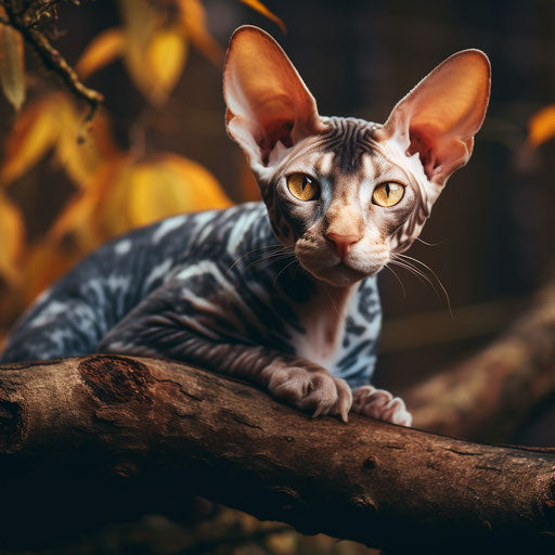 Cornish Rex cat lying on a tree branch