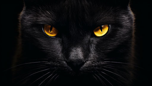 The black cat with yellow eyes in a dark intricate style