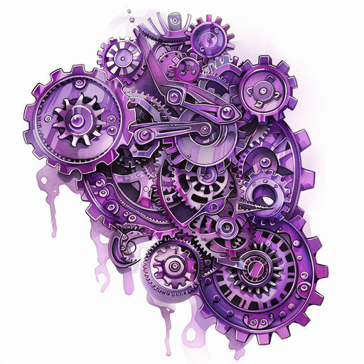 Purple steampunk tattoo design, intricate gears and cogs on white