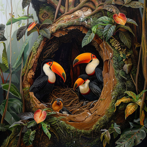 Family of toucans nesting in a giant tree in the rainforest