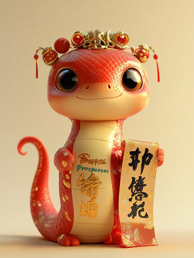 Cute Chinese snake baby in red and gold, cartoon style