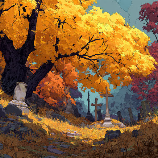 Vibrant Autumn Foliage with Cemetery Atmosphere
