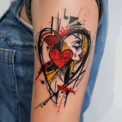 Modern abstract Queen of Hearts tattoo, colorful minimalist