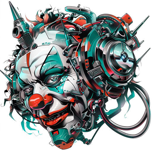 A futuristic clown tattoo with cybernetic enhancements