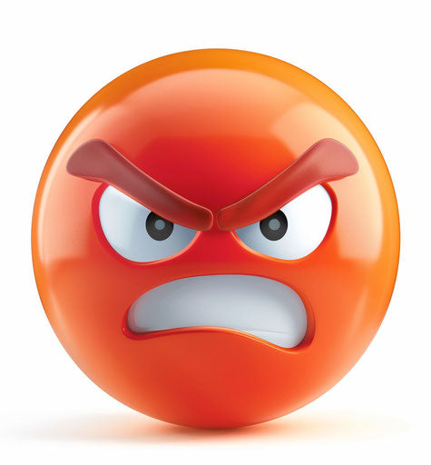 Angry smiling red emoticon on white background