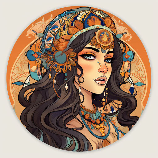 Xanadu girl sticker, neotraditional style, Mesopotamian art, earthy palette