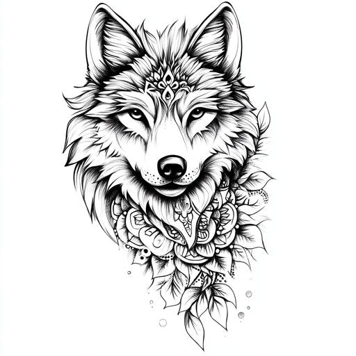 Flat tattoo sketch of wolf with mandala design