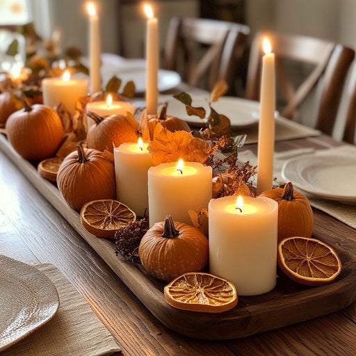 Thanksgiving centerpiece with candles, pumpkins, and dried orange slices