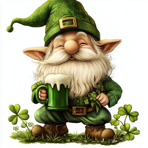 St. Patrick's Day, cute gnome with big hat and green beer mug filled with Irish coffee on clover leaf background