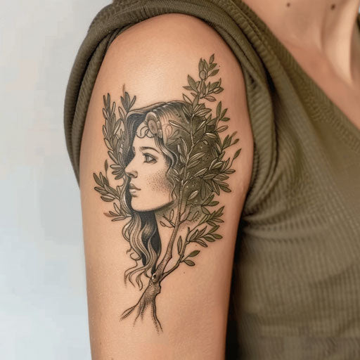 Athena and the olive tree, botanical style tattoo in green and brown earth tones on plain white background