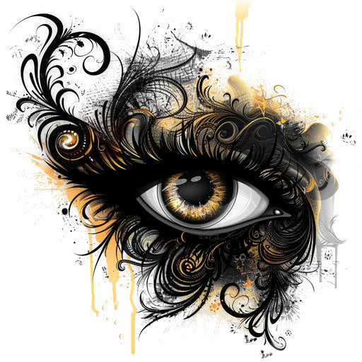 Elegant tattoo sketch of an eyeball with ornate eyelashes and decorative swirls