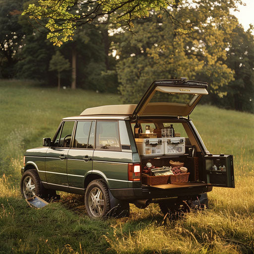 Luxury SUV for picnic in lush green meadow