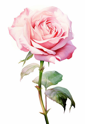 Pink rose in watercolor on white background, trompe-l'oeil style