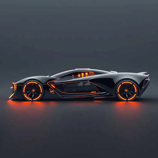 Futuristic car logo with neon elements on dark gray background