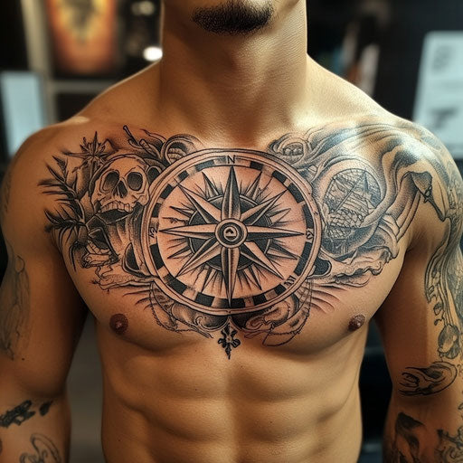 Compass rose chest tattoo with nautical elements