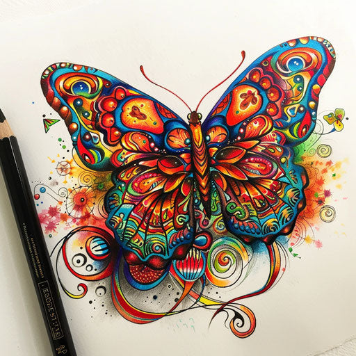 Psychedelic tattoo sketch of a red butterfly