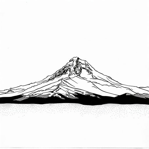 Black and white drawing mount Hood, clear sky, stream, sun, clouds, animals, people