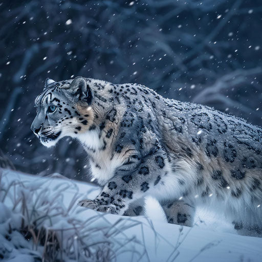 Snow leopard hunting in the twilight