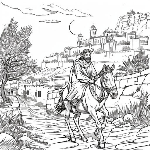 Jesus riding a donkey in Jerusalem. Coloring book page