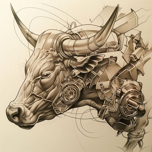 Biomechanical bull tattoo concept on white canvas