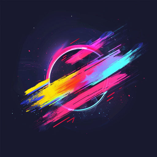 Neon logo with brush stroke elements and a colorful neon palette, set against a vibrant dark background