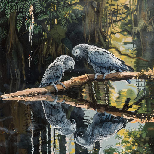African grey parrots on branch over clear lake