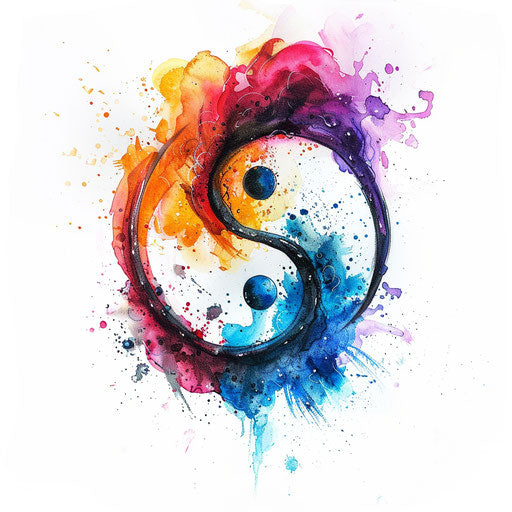 Impressionistic yin and yang tattoo design with loose brush strokes in vibrant colors, on white background.