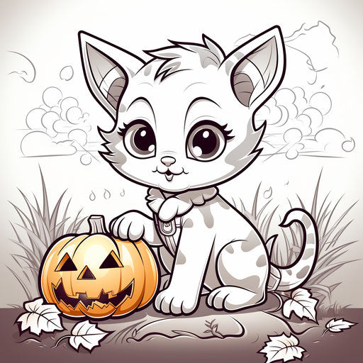 Halloween cat on pumpkin coloring page, comic book style