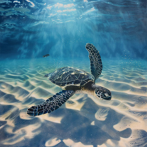 Sea turtle gracefully swimming over sandy seabed