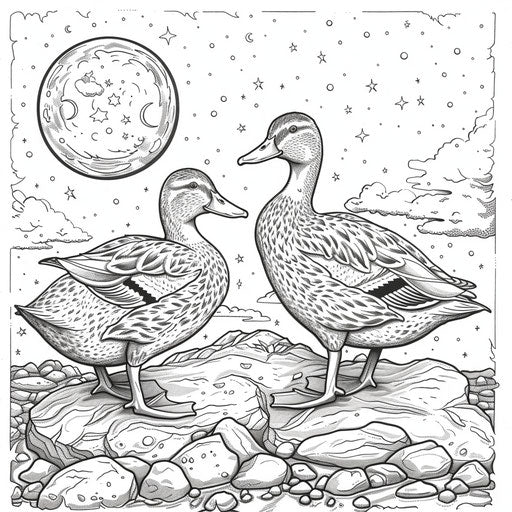 Two ducks under a starry sky in the moonlight