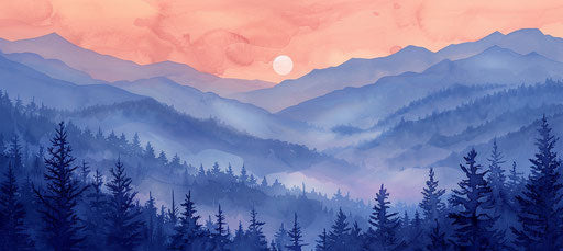 Blue ridge mountains with evergreen trees at sunrise