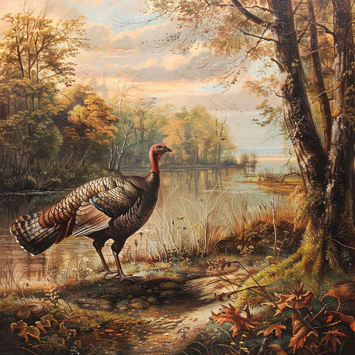 Wild turkey by a tranquil riverside, in the manner of Marsel van Oosten