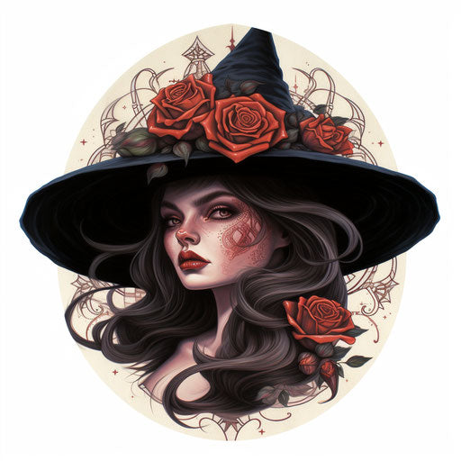 Woman in witch hat and roses, classic tattoo style