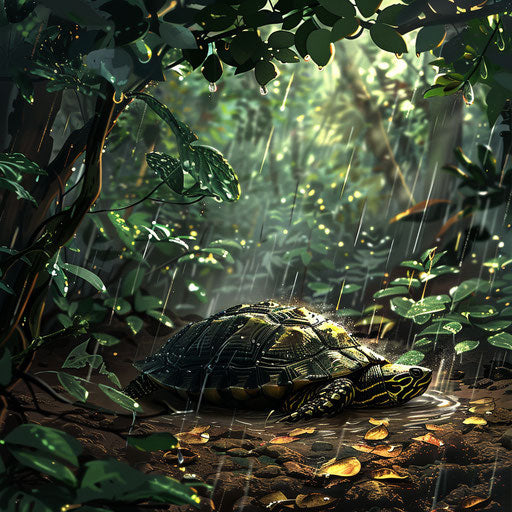 Wood turtle shelter in a stormy forest