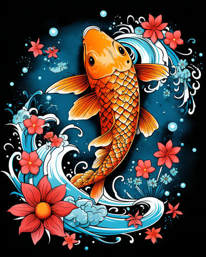 Koi fish tattoos with flowers, dark sky-blue and gold