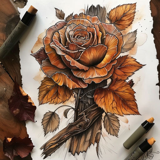 Rustic tattoo sketch of an amber rose with wooden texture and earth tones