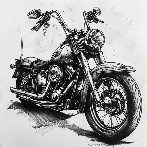 Detailed black and white motorcycle tattoo on white background