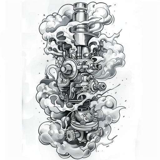 Flat tattoo sketch of a piston with elegant, swirling steam clouds and mechanical parts